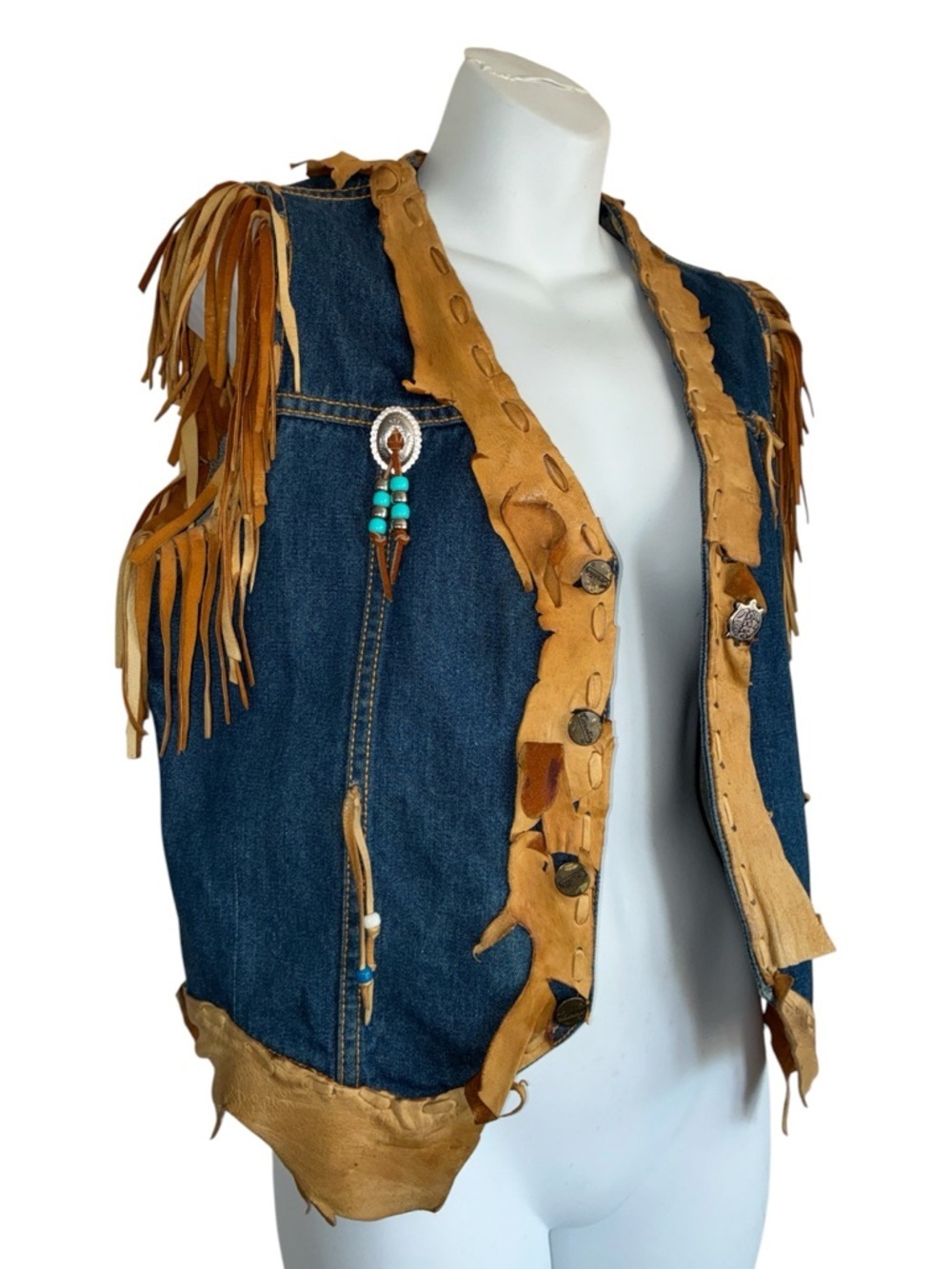 Denim vest with leather, Women's M EUC, Blue Denim Suede Fringe Embellishments
